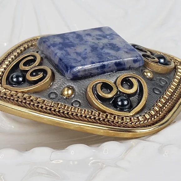 Michal Golan Blue Sodalite & Gold Filigree Pendant / Brooch w/Hearts 1.50x1.25